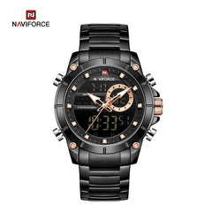 Naviforce NF9163 men's military sport digital analog watch showing black dial, digital display, and sturdy strap.