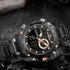 Naviforce NF9163 men's military sport digital and analog watch with black strap and rugged design.