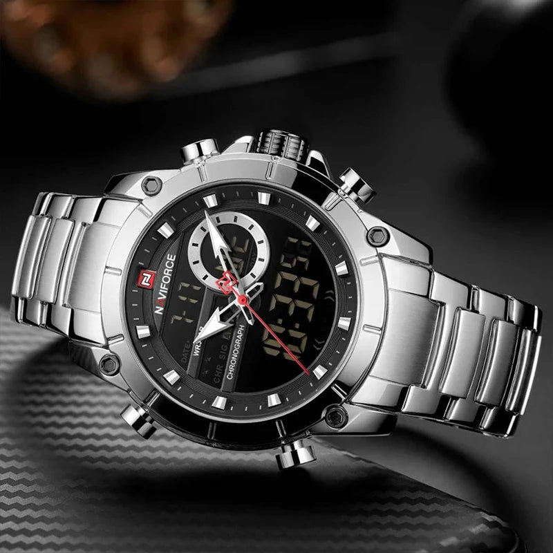 Naviforce NF9163 military sport digital analog men's watch with black strap and robust design, showing time and digital display.