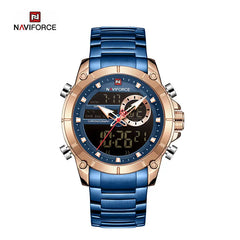 Naviforce NF9163 men's military sport digital analog watch with black strap and rugged design, showcasing the watch face and digital display.