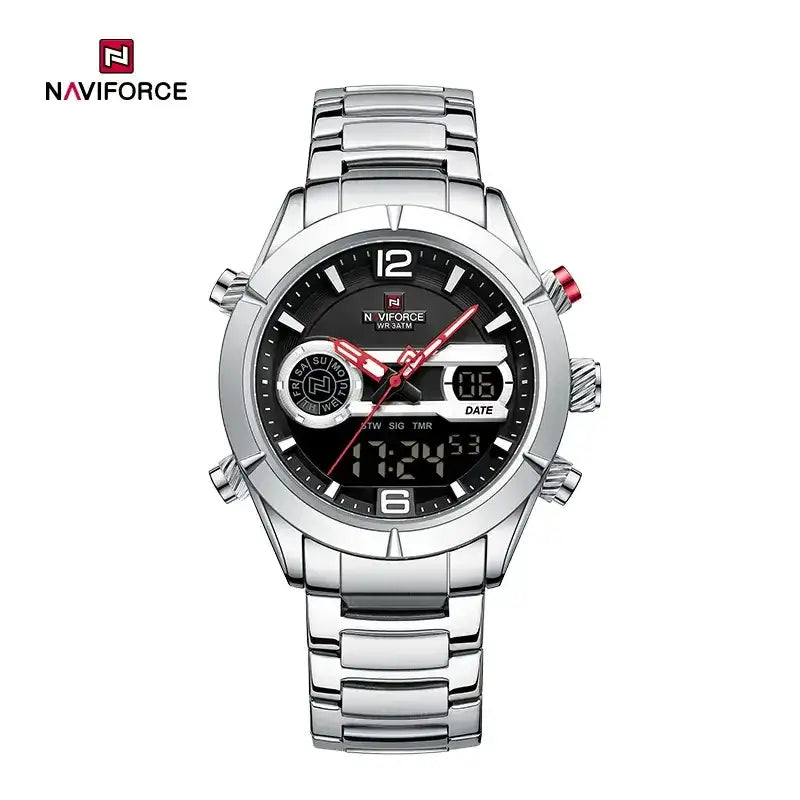 Naviforce NF9232 men's sport watch with dual display, multi-function outdoor design, black strap, and digital-analog features.