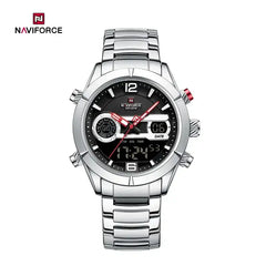Naviforce NF9232 men's sport watch with dual display, multi-function outdoor design, black strap, and digital-analog features.