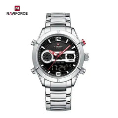 Naviforce NF9232 men's sport watch with dual display, multi-function outdoor design, black strap, and digital-analog features.