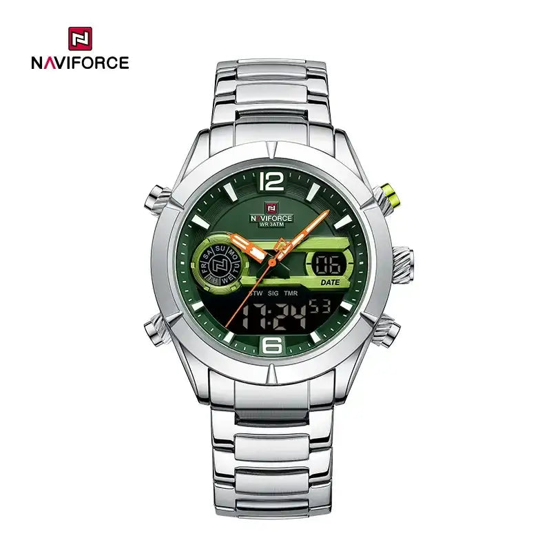 Naviforce NF9232 men's sport outdoor watch with dual display, multifunctional design, black dial, and durable strap.