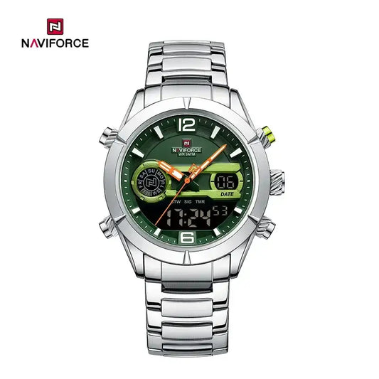 Naviforce NF9232 men's sport outdoor watch with dual display, multifunctional design, black dial, and durable strap.
