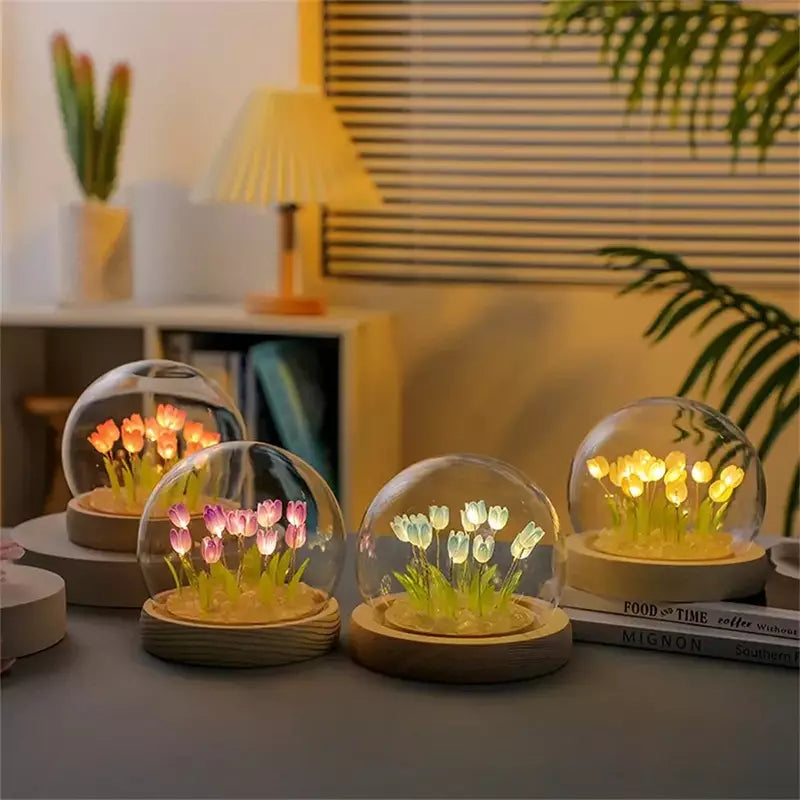 Tarjah artificial tulip night light with transparent DIY bedside lamp, LED night light for cozy bedroom decor.