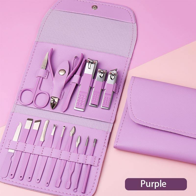 Set of 16 stainless steel nail cutters and scissors for pedicure and nail polishing, by Tarjah Mart, arranged on a white background.