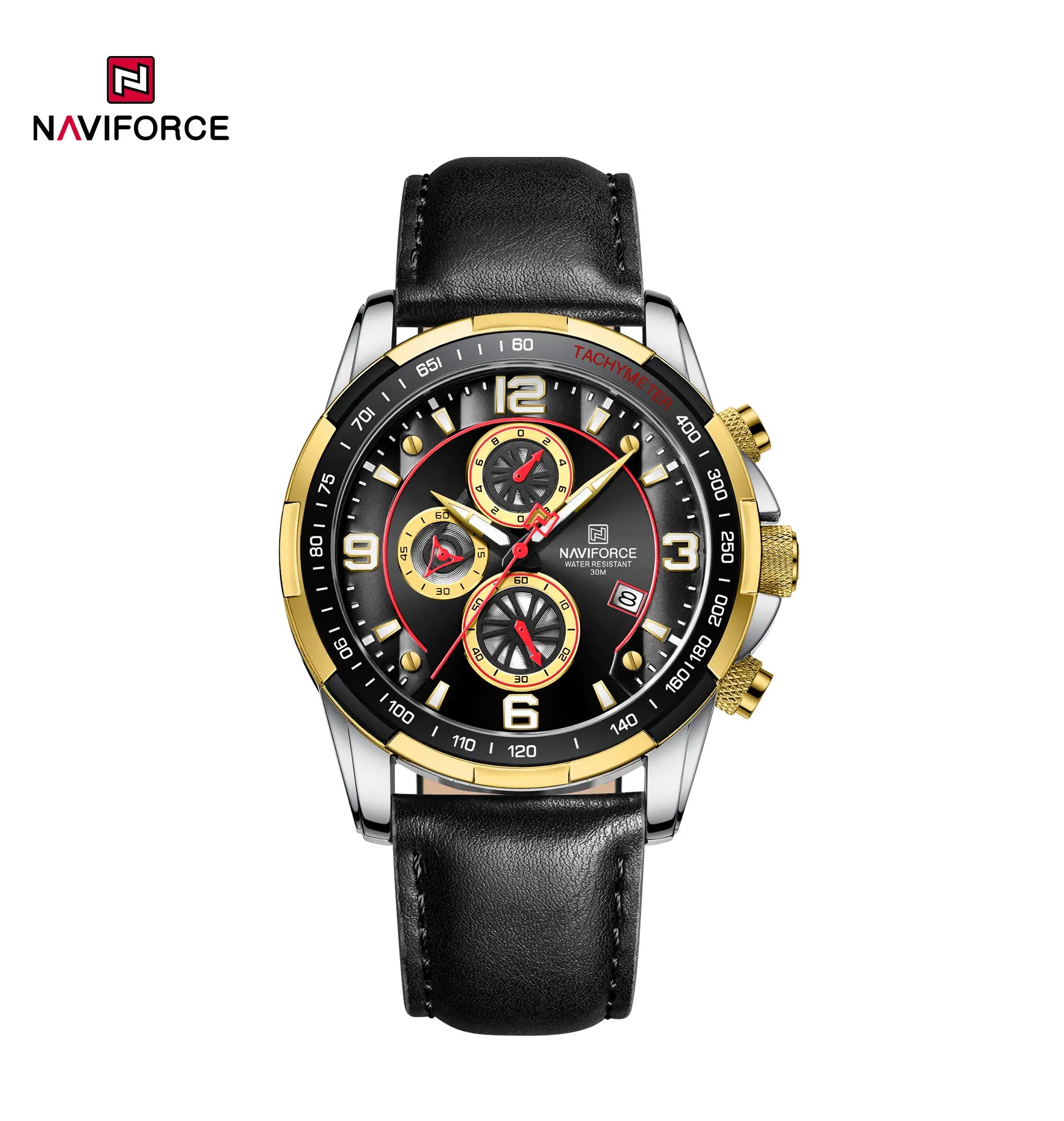 Naviforce NF8020L men's waterproof trend watch with black dial and stainless steel band, stylish and durable timepiece.