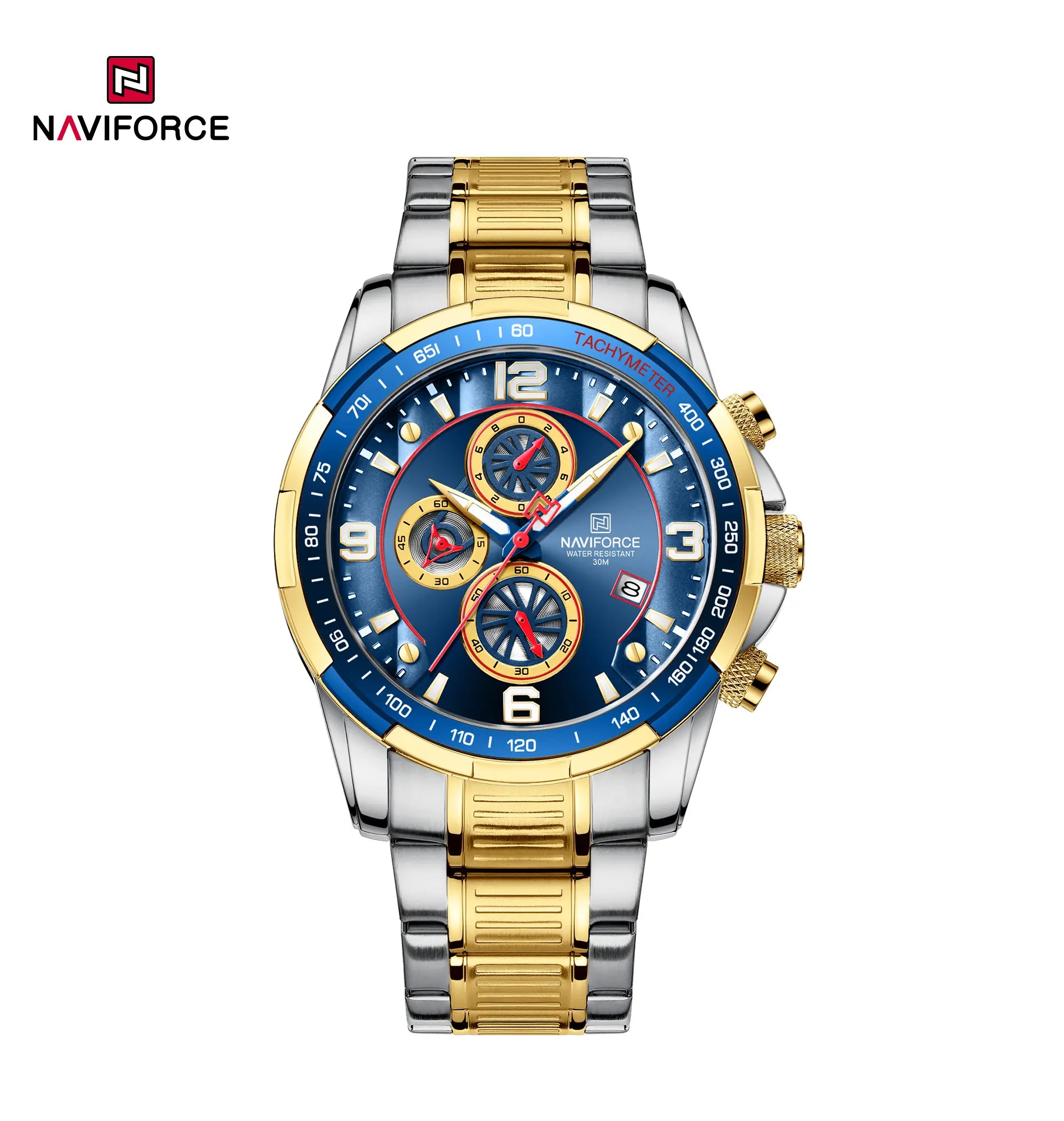 Naviforce NF8020S stainless steel quartz men's watch with a sleek round dial and metal band.