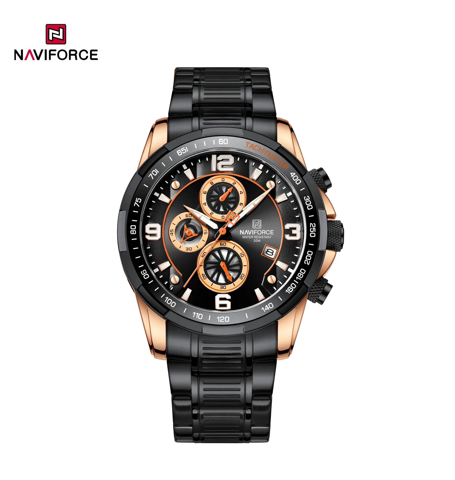 Naviforce NF8020S stainless steel quartz men's watch with a sleek silver dial and black leather strap.