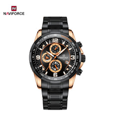 Naviforce NF8020S stainless steel quartz men's watch with a sleek silver dial and black leather strap.