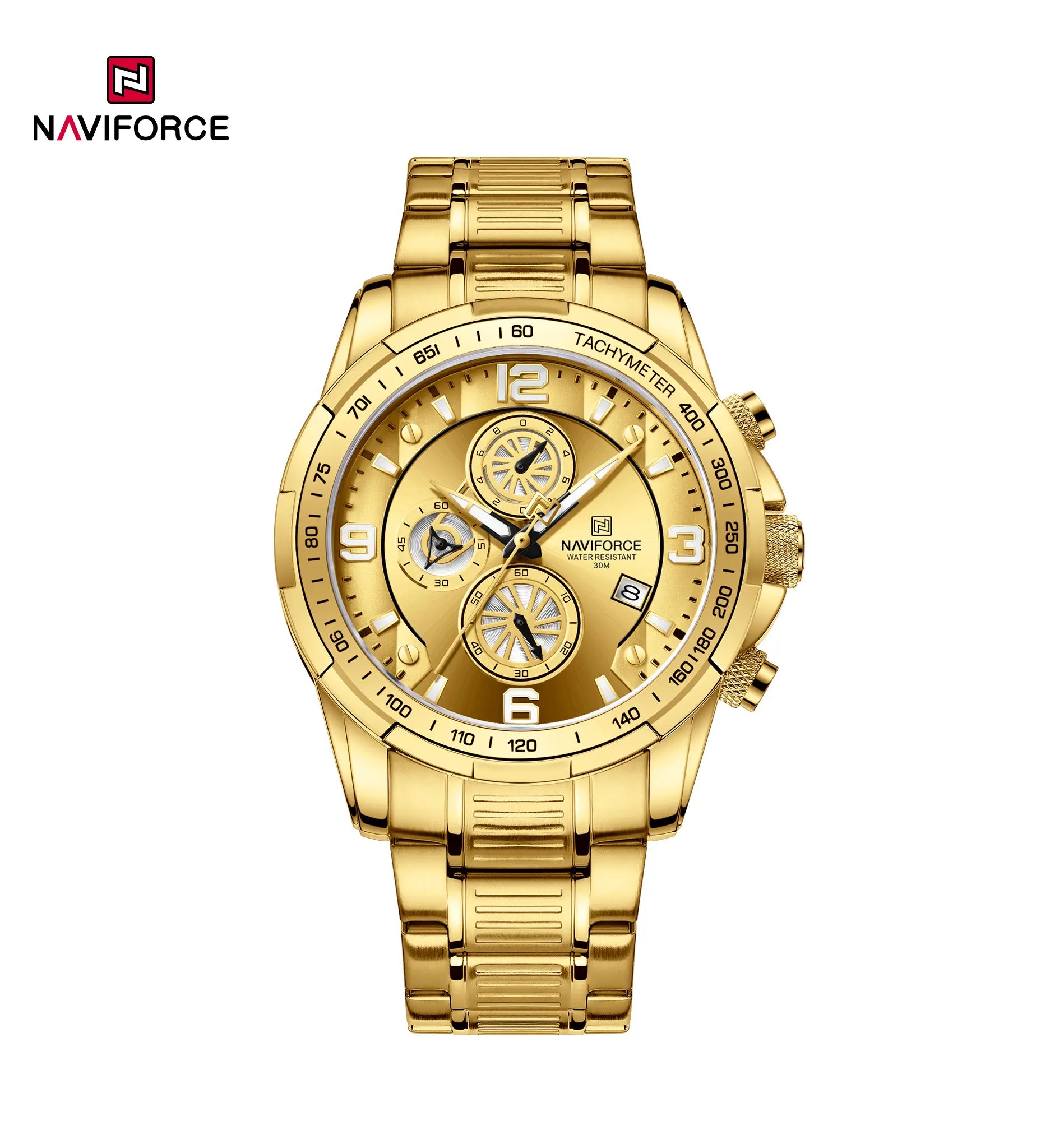 Naviforce NF8020S men's stainless steel quartz watch with black dial and silver band, showcasing a sleek, modern design.