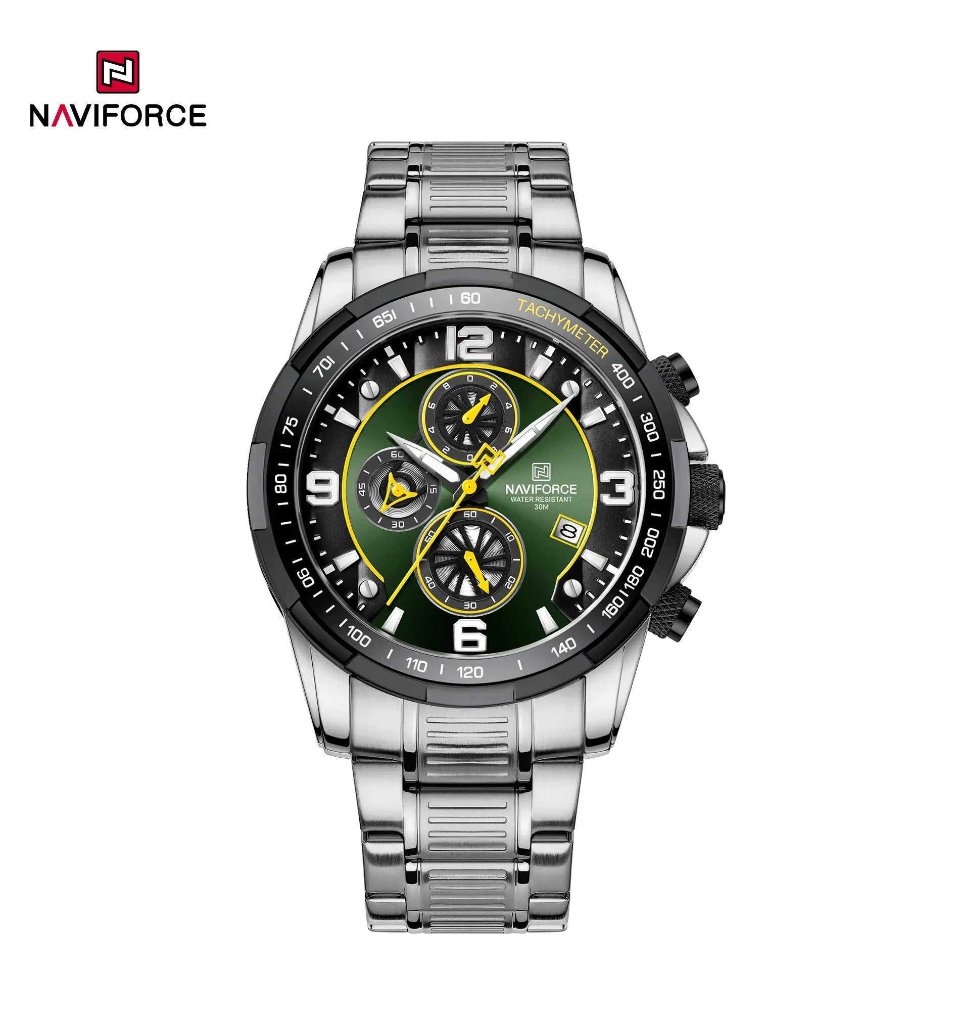 Naviforce NF8020S men's stainless steel quartz watch with black dial and silver strap, stylish and durable timepiece.
