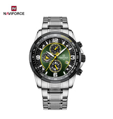 Naviforce NF8020S men's stainless steel quartz watch with black dial and silver strap, stylish and durable timepiece.