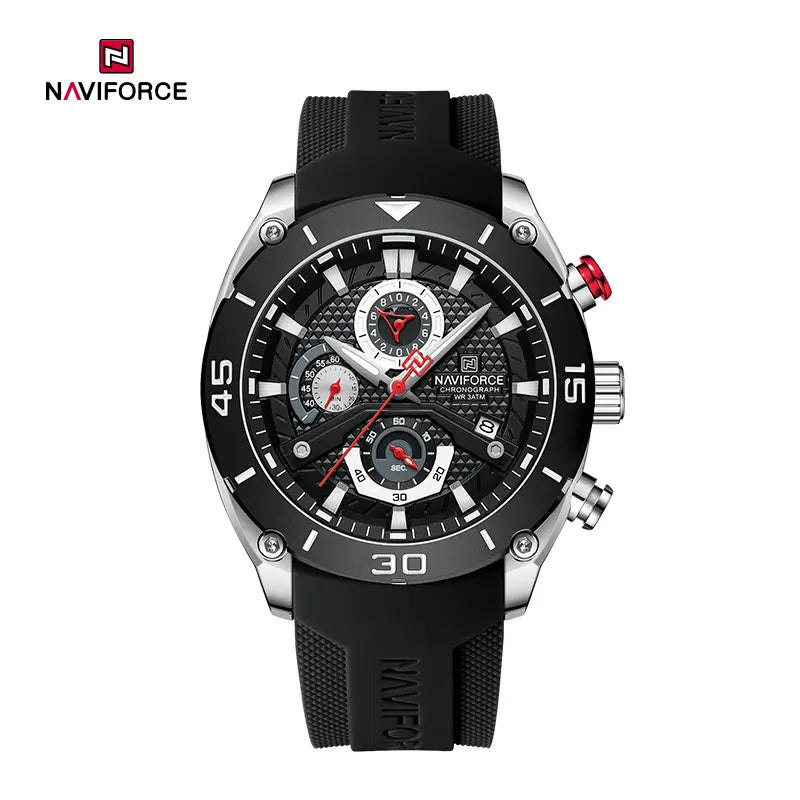 Naviforce NF8038 men's waterproof sports watch with a black dial, digital display, and sporty design.