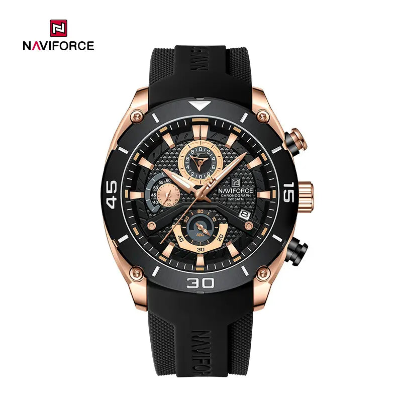 Naviforce NF8038 men's waterproof sports watch with digital display and sporty black strap on a white background.