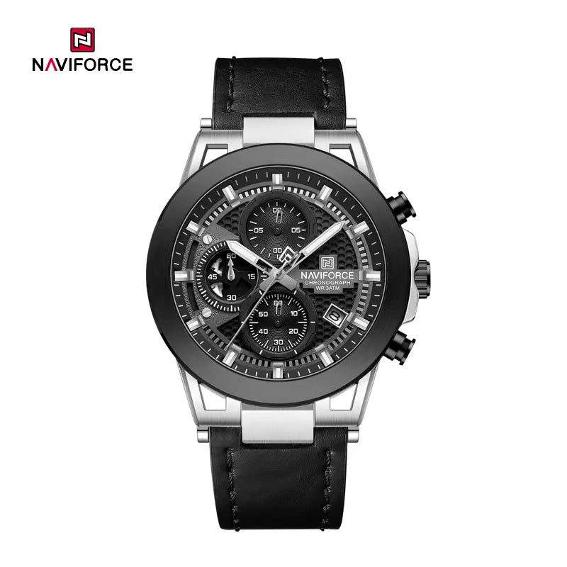 Naviforce NF8073 men's fashion watch with black dial, silver-tone case, and metal strap, stylish men's wristwatch.