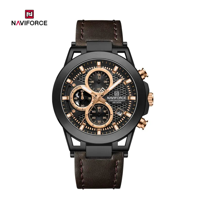 Naviforce NF8073 men's fashion watch with black dial, silver stainless steel band, and multiple chronograph subdials.