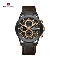 Naviforce NF8073 men's fashion watch with black dial, silver stainless steel band, and multiple chronograph subdials.