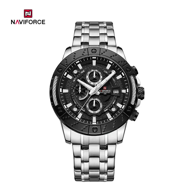 Naviforce NF9227 men's mechanical style watch featuring a black dial, silver case, and leather strap, stylish and durable timepiece.