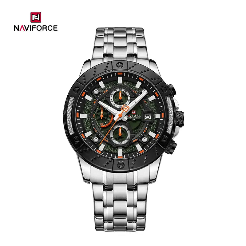 Naviforce NF9227 men's mechanical style watch featuring a round dial, black strap, and detailed chronograph display.