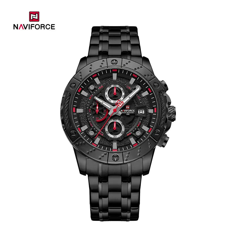 Naviforce NF9227 men's mechanical style watch with black dial and silver case, featuring a stainless steel band and classic design.