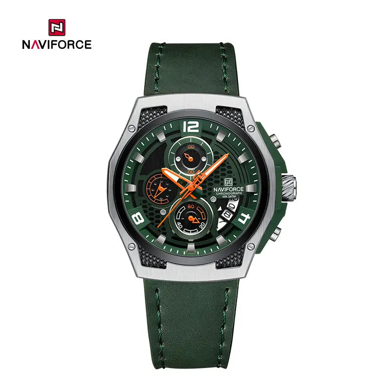 Naviforce NF8051L men's watch with a sleek silver dial, black strap, and elegant design, showcasing the classic timepiece.