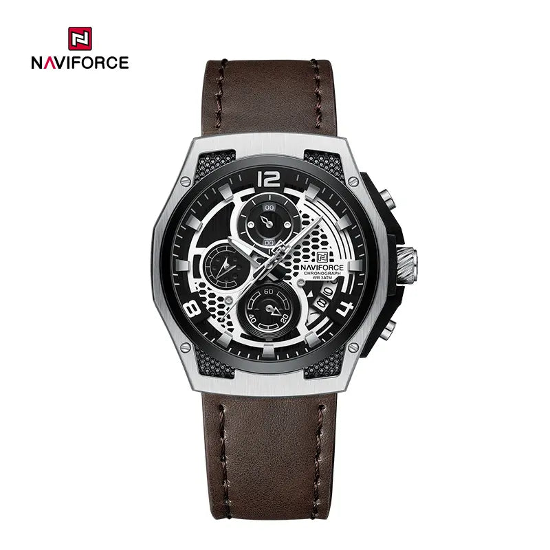 Naviforce NF8051L men's watch with a sleek design, featuring a round dial and metal strap, showcasing its elegant style.
