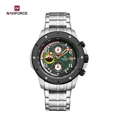 Naviforce NF8056 men's stylish watch with black dial, silver case, and metal bracelet showing time and date display.