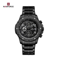 Naviforce NF8056 men's stylish watch with black dial, silver case, and metal band, showcasing a modern and sleek design.