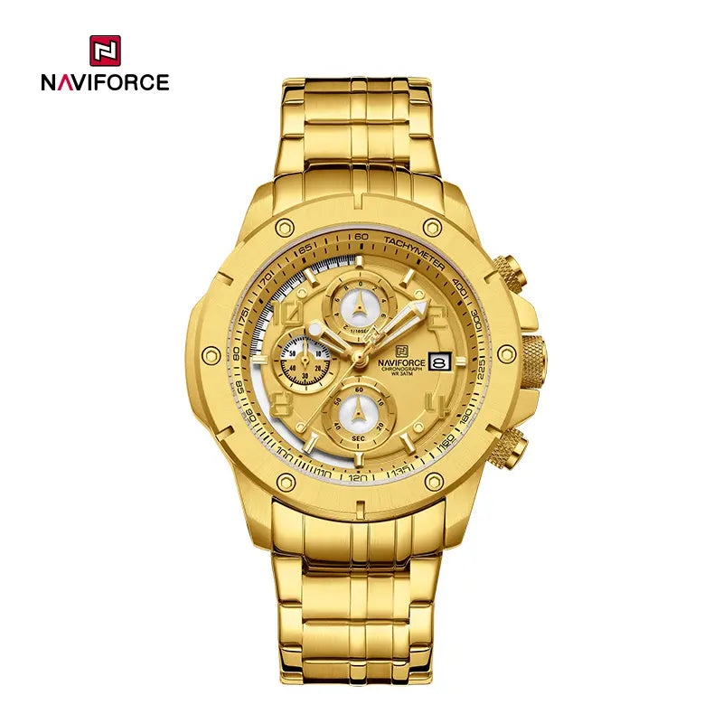 Naviforce NF8056 men's stylish watch with black dial and metal strap, showcasing modern design and durable build.