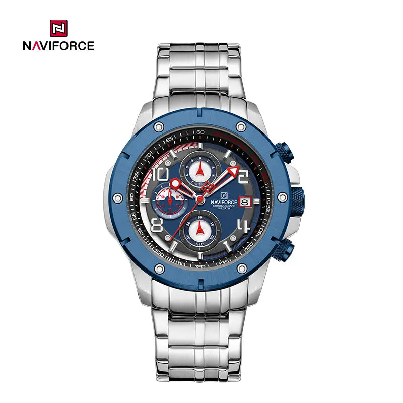 Naviforce NF8056 stylish men's watch with black dial, silver case, and metal strap, showcasing a modern and sleek design.