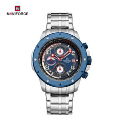 Naviforce NF8056 stylish men's watch with black dial, silver case, and metal strap, showcasing a modern and sleek design.