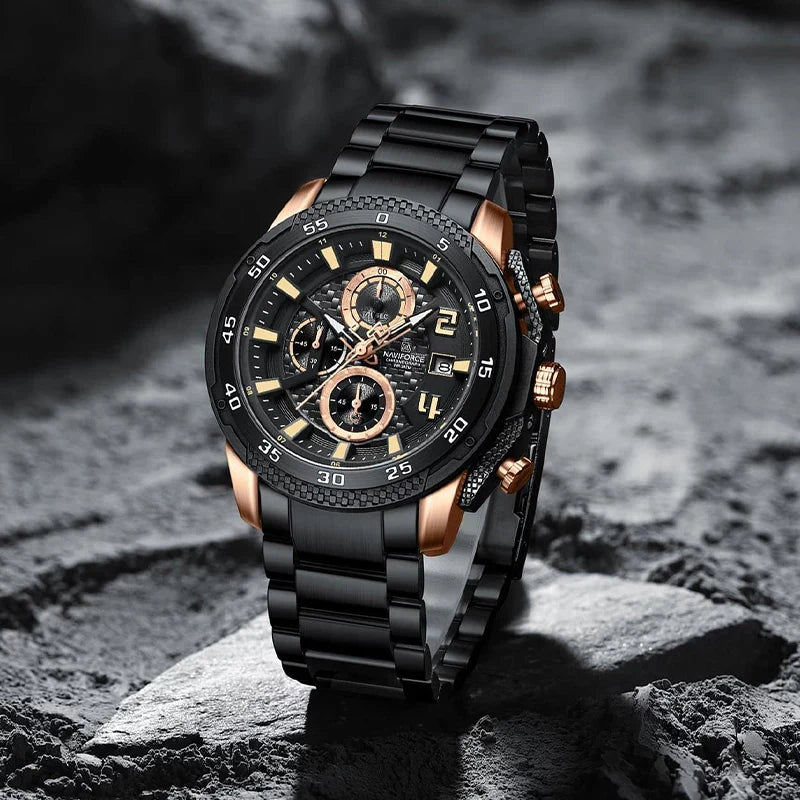 Naviforce NF8047 men’s chronograph watch with black dial, stainless steel band, and multiple subdials for precise timekeeping.