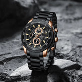 Naviforce NF8047 men’s chronograph watch with black dial, stainless steel band, and multiple subdials for precise timekeeping.