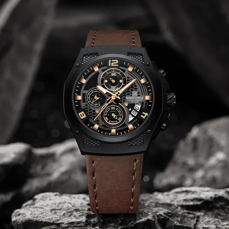 Naviforce NF8051L men's watch featuring a sleek black dial, silver case, and leather strap, showcasing elegant men's wristwatch design.
