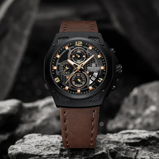 Naviforce NF8051L men's watch featuring a sleek black dial, silver case, and leather strap, showcasing elegant men's wristwatch design.
