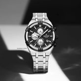 Naviforce men's multi-function chronograph watch with black dial and metal strap, showcasing detailed dial and chronograph features.