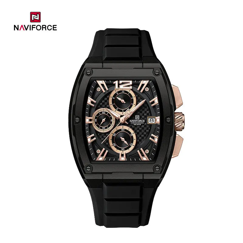 Naviforce NF8050 men's barrel watch with black dial and metal strap, stylish Naviforce men's wristwatch.