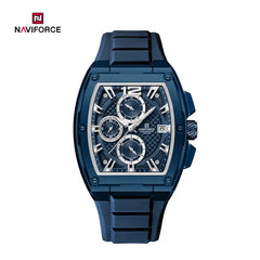 Naviforce NF8050 men's barrel watch with black dial, silver case, and leather strap, showcasing a stylish and rugged design.