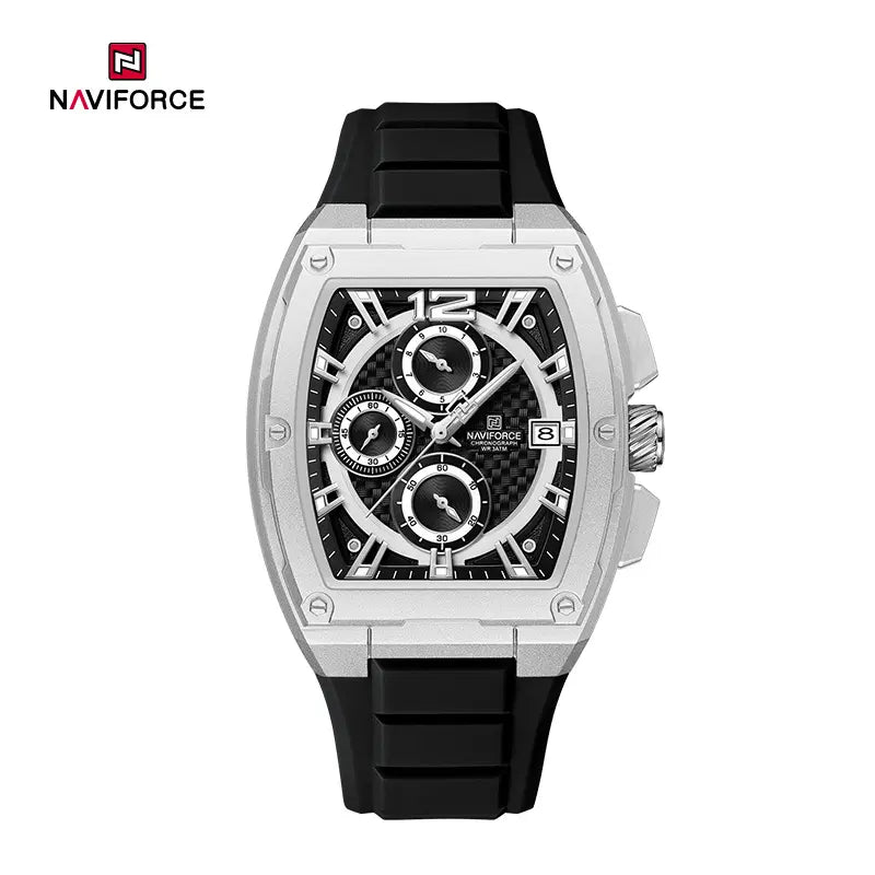 Naviforce NF8050 men's barrel watch with black dial and stainless steel band, showcasing a stylish and durable timepiece.