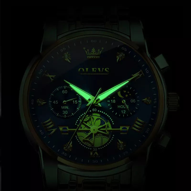 OLEVS men's quartz watch with blue dial, sleek design, and stainless steel band, showcasing the OL2856 model.