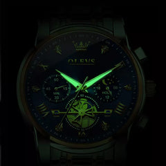 OLEVS men's quartz watch with blue dial, sleek design, and stainless steel band, showcasing the OL2856 model.