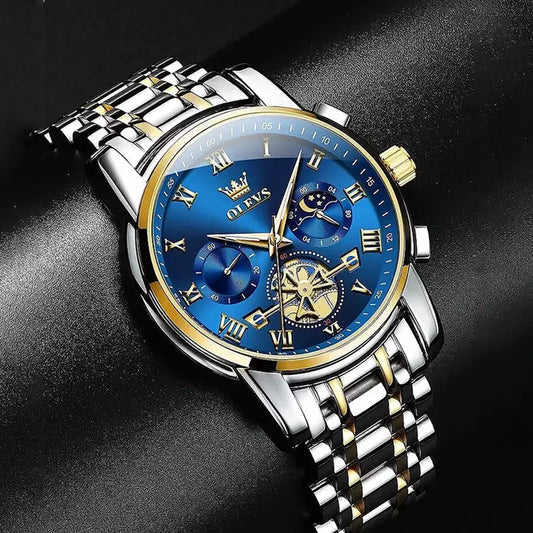 OLEVS men's luxury business chronograph watch OL2859 with black dial and stainless steel band, stylish and sophisticated timepiece