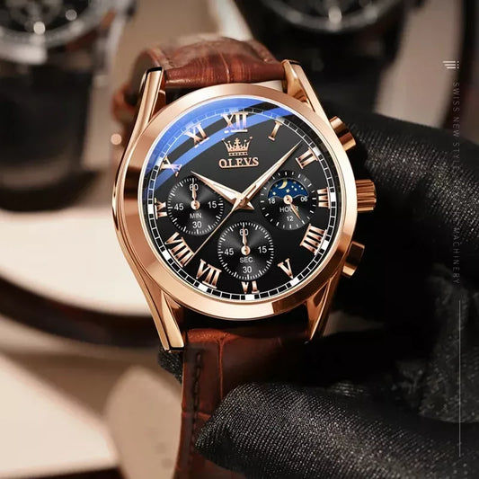 OLEVS 2871 men's quartz watch with a black and brown dial and strap, showcasing a stylish men's watch design.