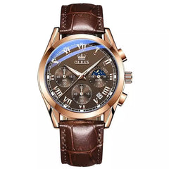 OLEVS 2871 men's quartz watch with a black dial and brown leather strap, stylish men's wristwatch from OLEVS.