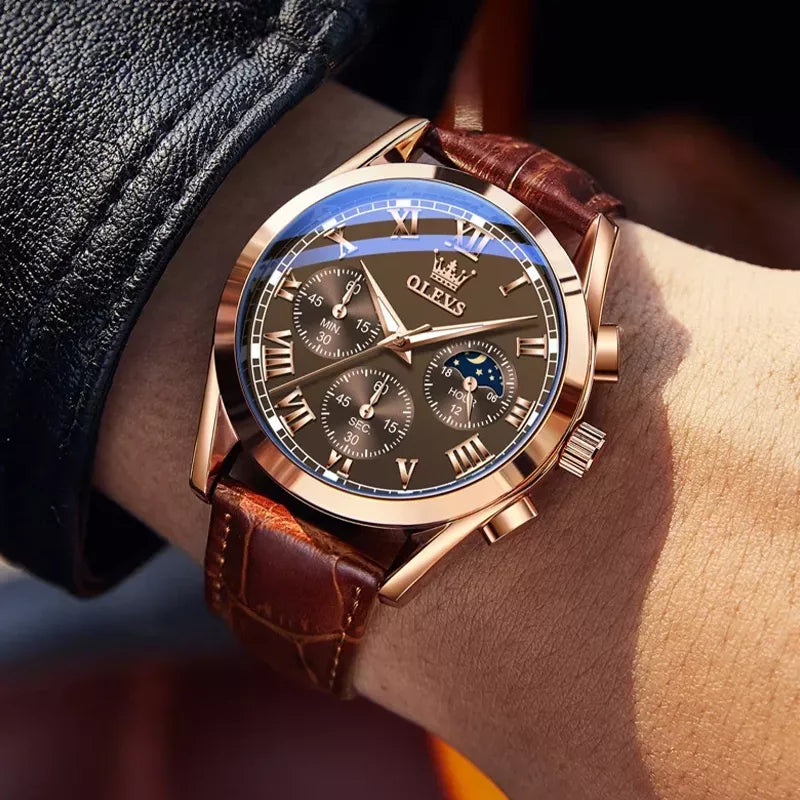 OLEVS 2871 men's quartz watch with a black dial and brown leather strap, stylish men's wristwatch by OLEVS.