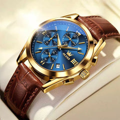 OLEVS 2872 men's leather quartz watch with round blue dial and classic leather strap, stylish timepiece for men