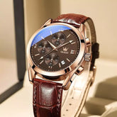 OLEVS 2872 men's leather quartz watch with round dial and brown leather band, classic style and elegant design.