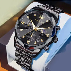 OLEVS 3670 men's waterproof watch with black dial, stylish fashion design and durable strap, suitable for everyday wear.